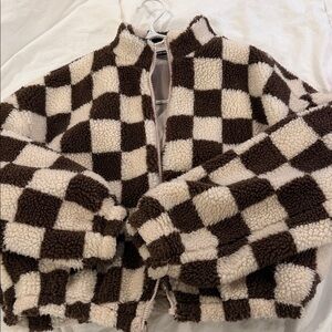 SHEIN Brown and Cream Checkered Teddy Jacket